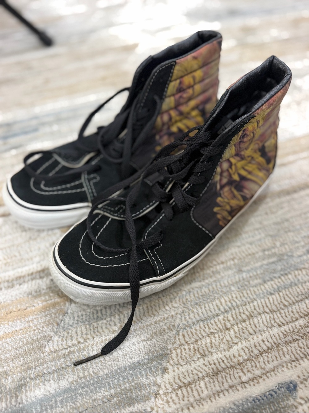 Vans Kids High-Top Sneakers in Black with Yellow Floral Panels